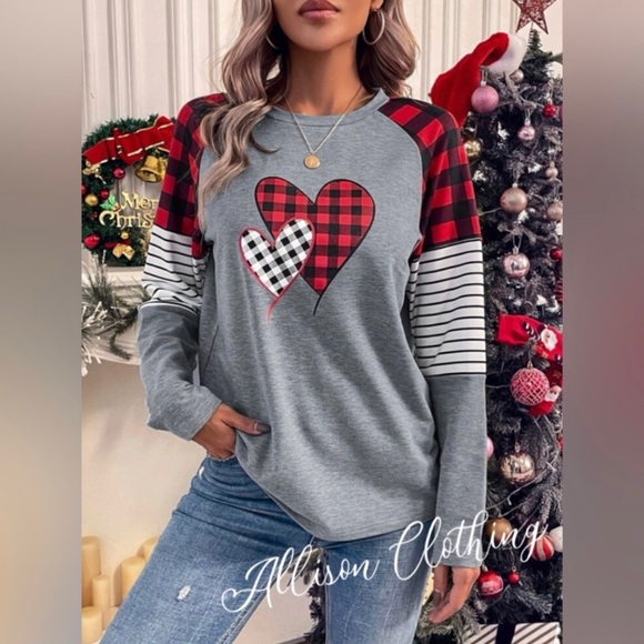 Buffalo Print Hearts Long Sleeve Red Checkered Christmas Top - Picture 4 of 5
